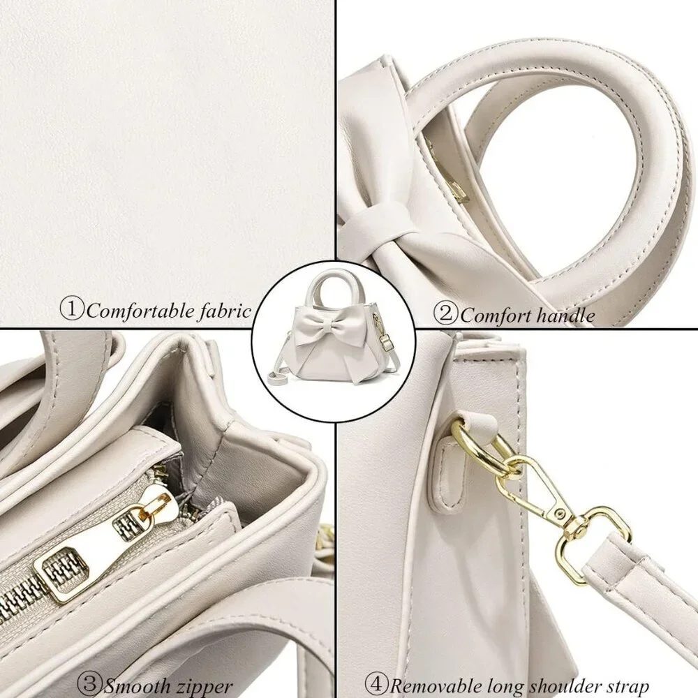 Small Leather Handbag Women Carry Handle Bow Knot Purse Crossbody Organizer